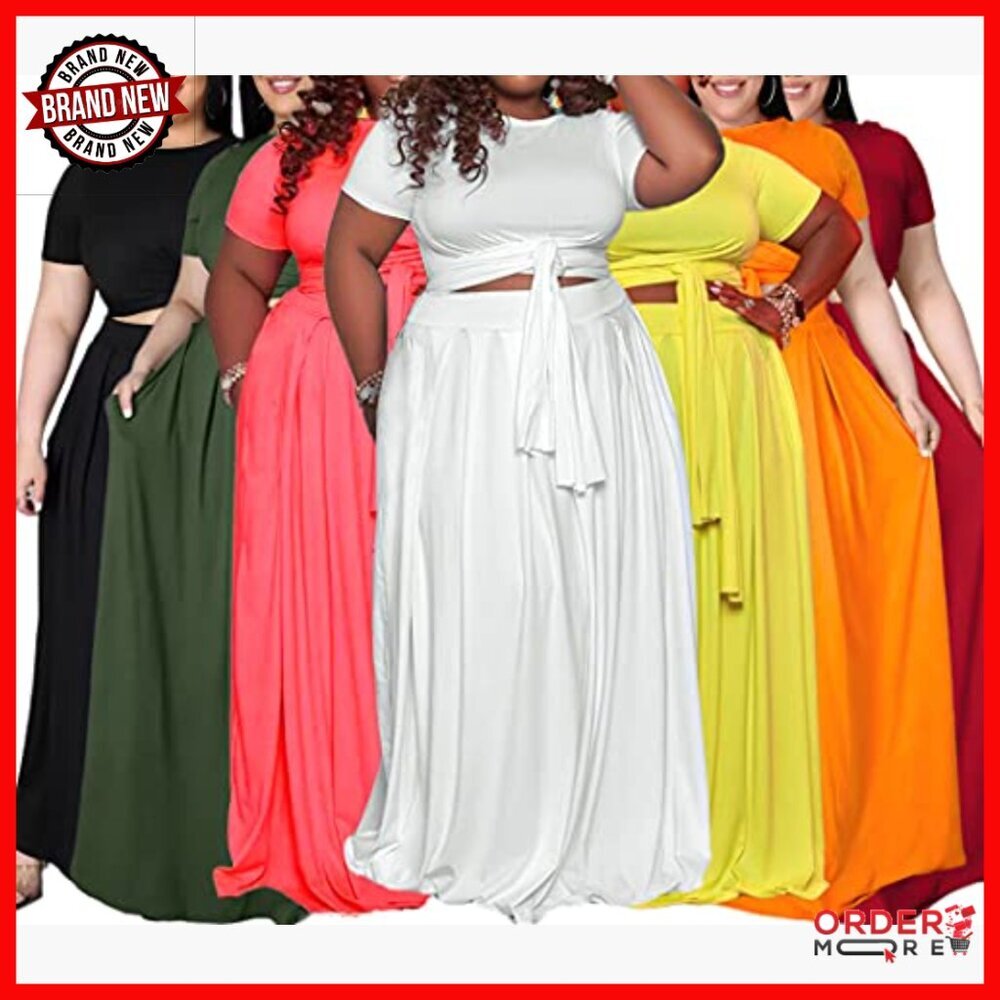 Plus Size 2 Piece Dress Set Polyester Crop Top Maxi Skirt Boho - Picture 2 of 6
